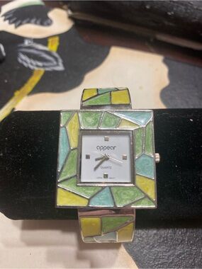 Appear Mosaic Tile Square Face Bracelet Watch in Green & Teal, Yellow cuff style